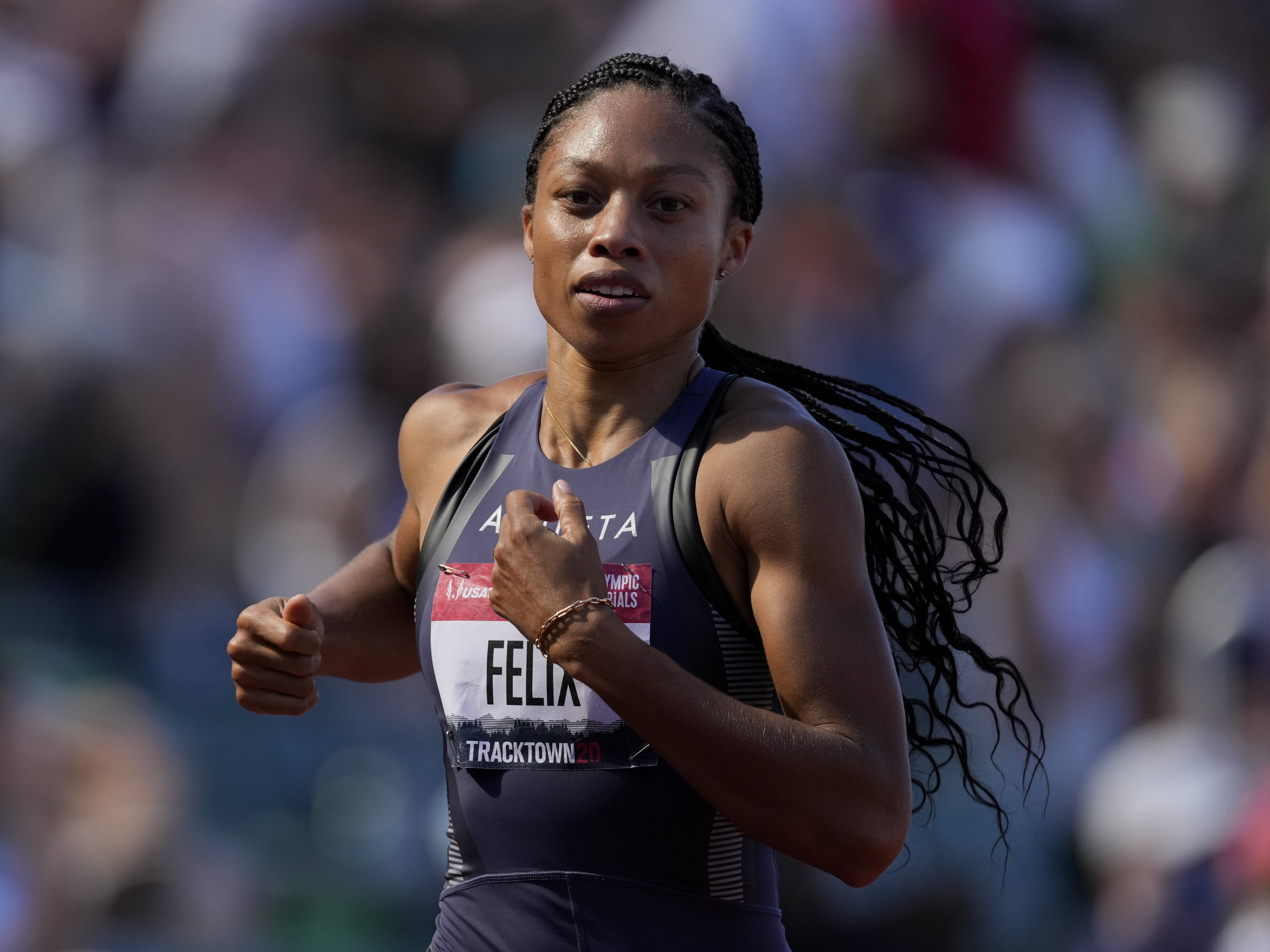 caption: U.S. star sprinter Allyson Felix, shown here in June during U.S. Olympic Track and Field Trials, is competing this week at the Tokyo Olympics.