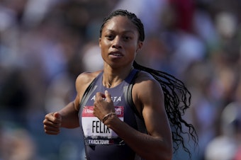 caption: U.S. star sprinter Allyson Felix, shown here in June during U.S. Olympic Track and Field Trials, is competing this week at the Tokyo Olympics.