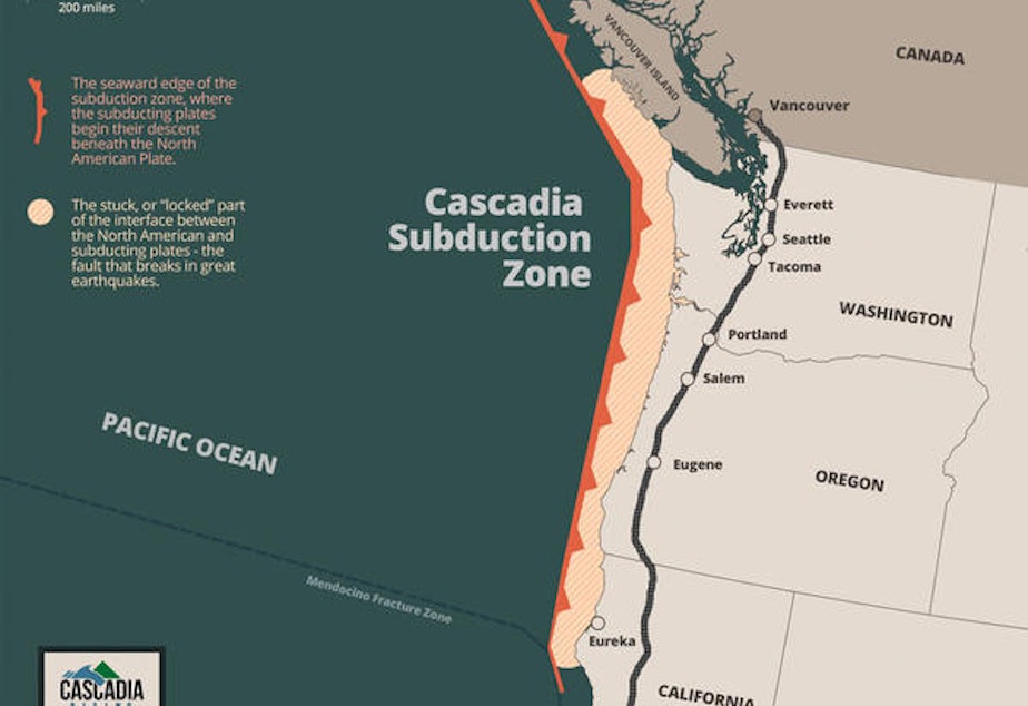 caption: The Cascadia Subduction Zone off the coast of North America can produce earthquakes as large as Magnitude 9 and corresponding tsunamis.