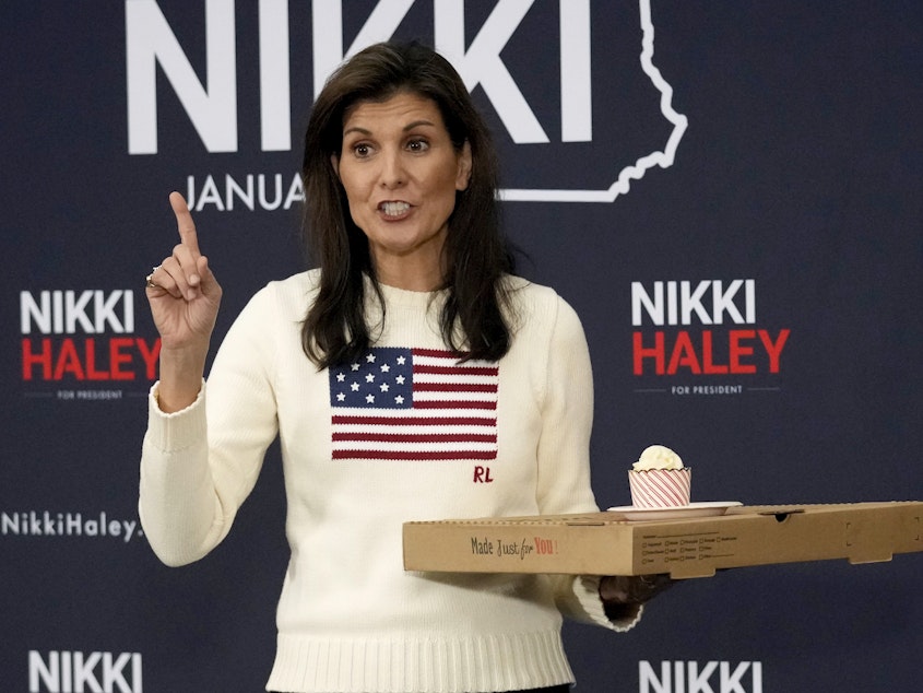 caption: Republican presidential candidate former UN Ambassador Nikki Haley tells the audience the best birthday present they can give her is their vote on Tuesday while speaking at a Pizza and Politics event at Franklin Pierce University, Saturday, Jan. 20, 2024, in Rindge, N.H.