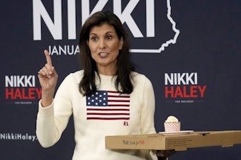 caption: Republican presidential candidate former UN Ambassador Nikki Haley tells the audience the best birthday present they can give her is their vote on Tuesday while speaking at a Pizza and Politics event at Franklin Pierce University, Saturday, Jan. 20, 2024, in Rindge, N.H.