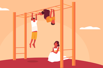 Boys climb on monkey bars, but the girl in the pic can't because she's wearing a dress.