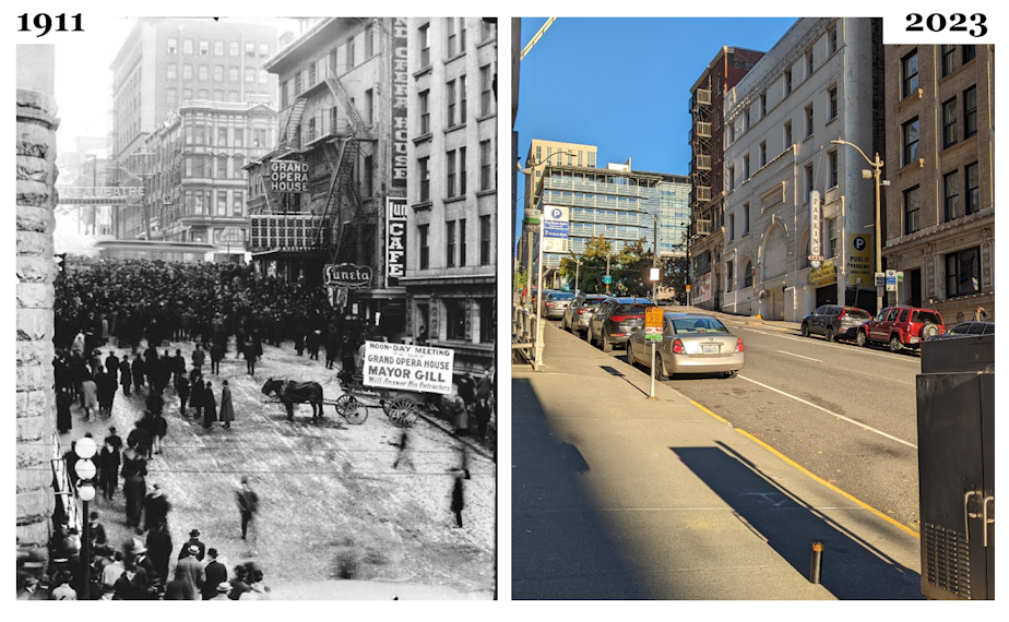 caption: The Grand Opera street view in 1911 versus 2023.