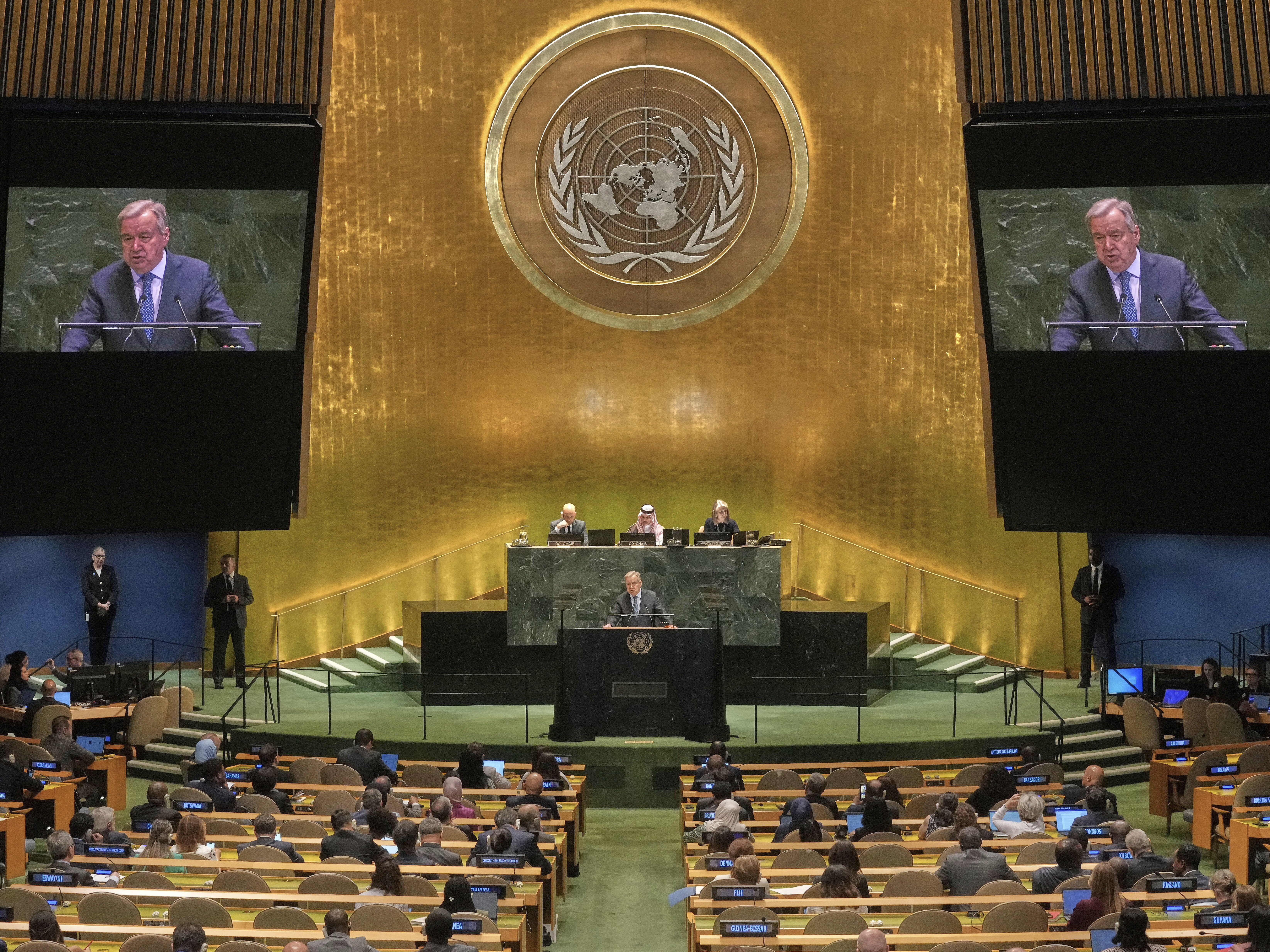 caption: U.N. Secretary-General António Guterres addresses the United Nations General Assembly, July 28.