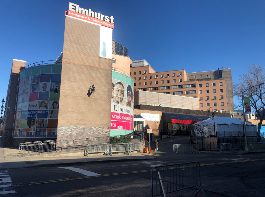 caption: Elmhurst Hospital in Queens has been described as the "epicenter of the epicenter" of the COVID-19 pandemic in New York.
