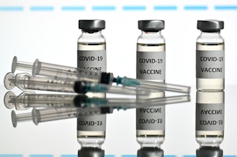caption: An illustration picture shows vials with COVID-19 vaccine stickers attached and syringes with the logo of U.S. biotechnology company Moderna on November 17.