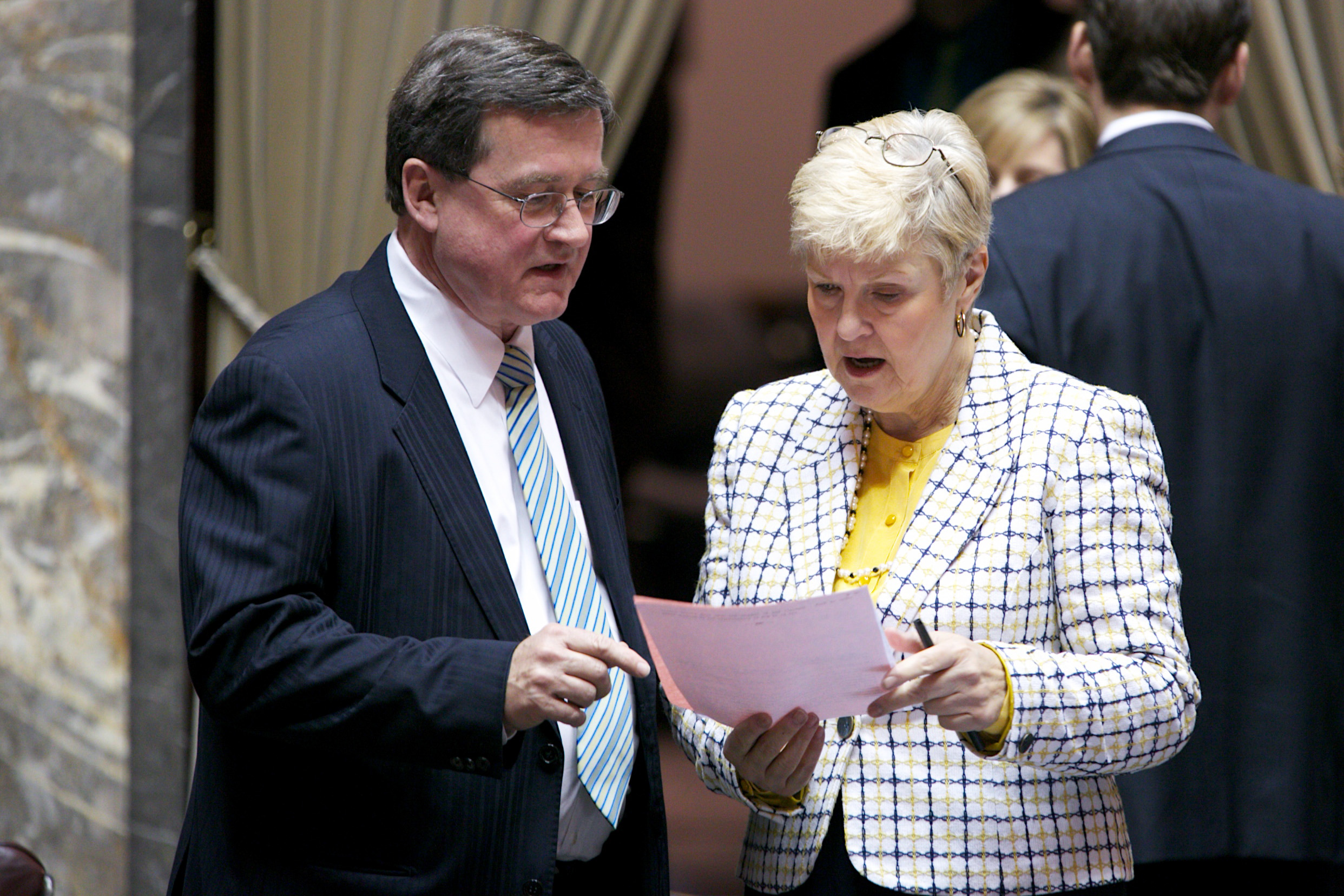 caption: Left to right: Senators Curtis King and Karen Keiser at the Washington state Capitol.