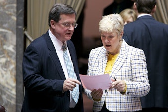caption: Left to right: Senators Curtis King and Karen Keiser at the Washington state Capitol.