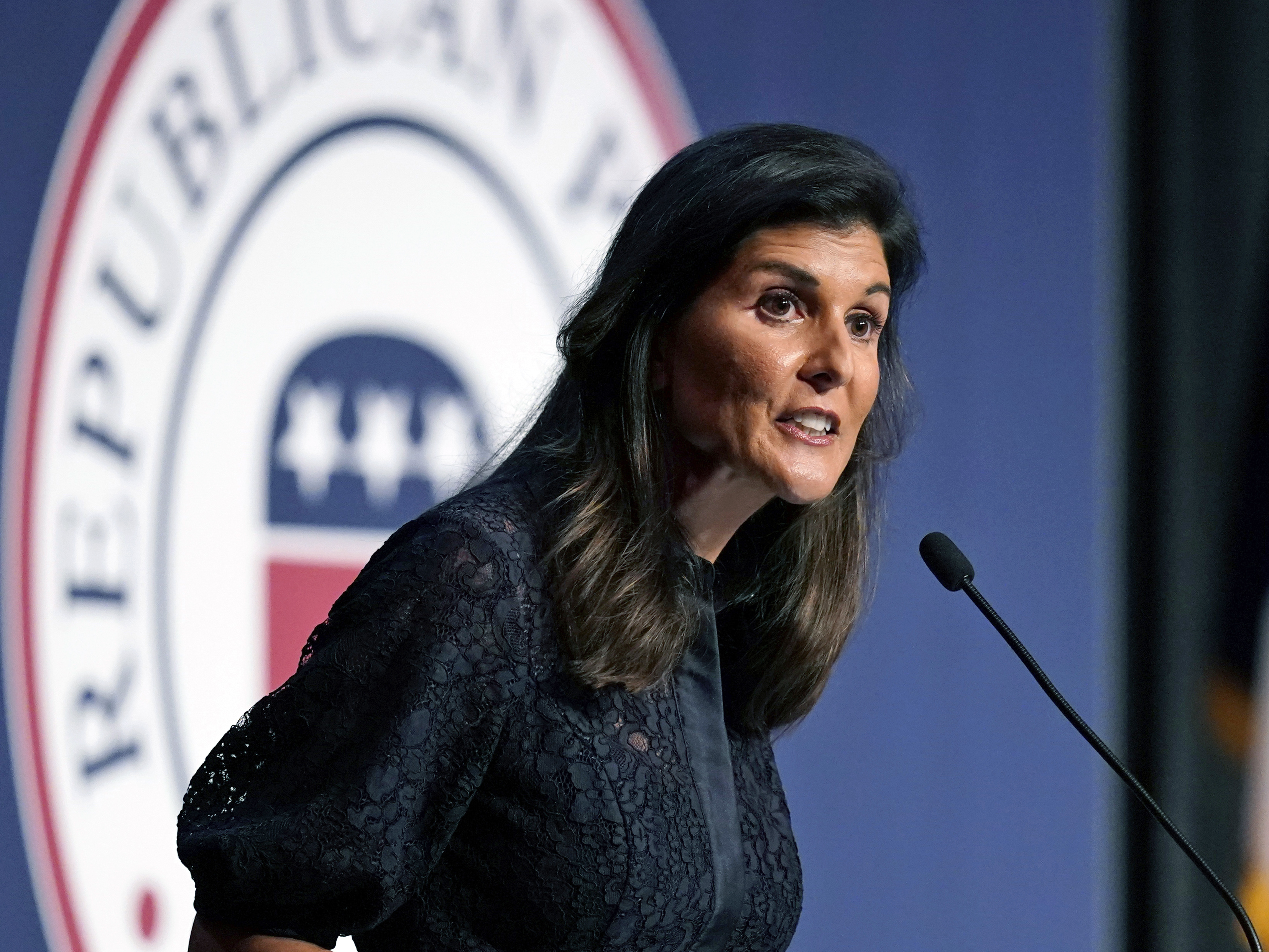 caption: In this file image, former U.N. Ambassador and former South Carolina Gov. Nikki Haley speaks during the Iowa Republican Party's Lincoln Dinner, on June 24, 2021, in West Des Moines, Iowa.