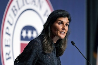 caption: In this file image, former U.N. Ambassador and former South Carolina Gov. Nikki Haley speaks during the Iowa Republican Party's Lincoln Dinner, on June 24, 2021, in West Des Moines, Iowa.