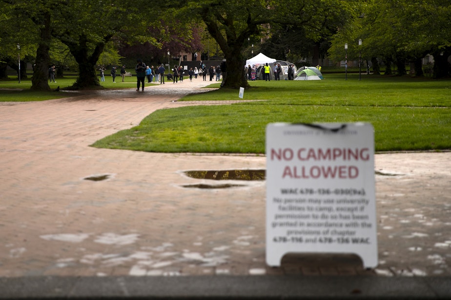 caption: A sign reads ‘No Camping Allowed’ as students set up what they are calling the UW Palestine Encampment on Monday, April 29, 2024, on the University of Washington campus in Seattle. 