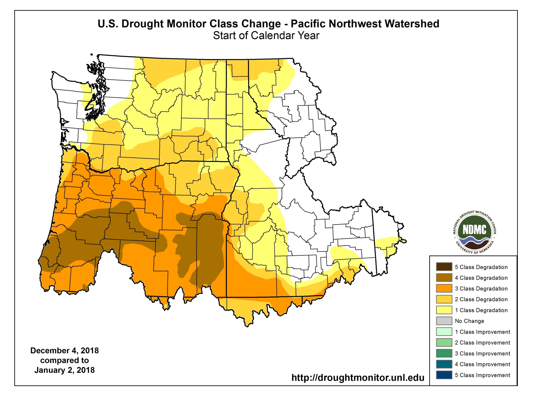caption: The Northwest watershed shows areas of abnormal dryness to severe drought over 2018. CREDIT: U.S. DROUGHT MONITOR
