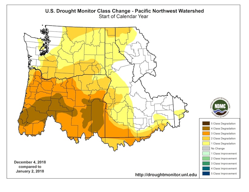 caption: The Northwest watershed shows areas of abnormal dryness to severe drought over 2018. CREDIT: U.S. DROUGHT MONITOR