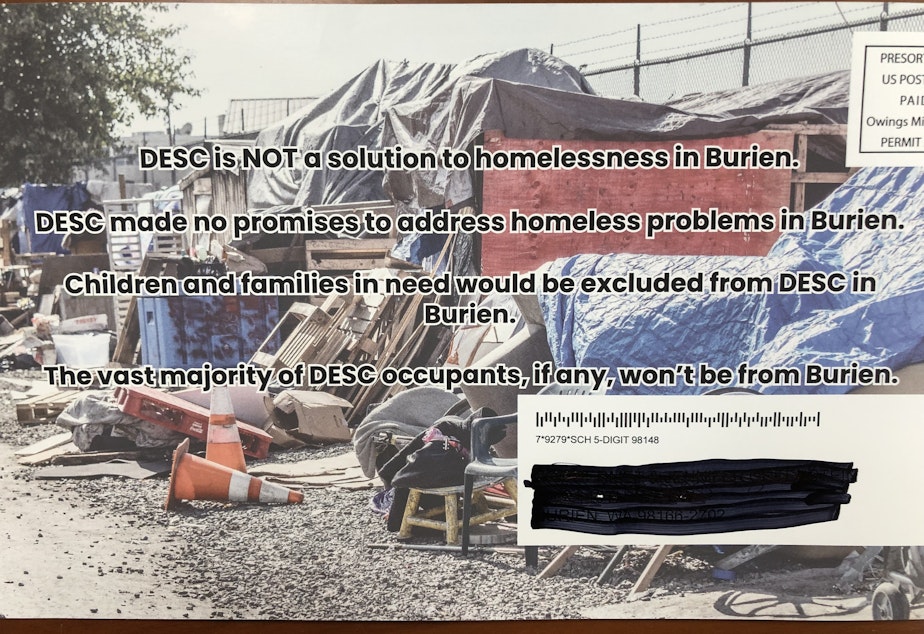 caption: This anonymous flyer was sent to Burien residents in the weeks before the Nov. 2 election. The DESC has agreed to set aside at least 30% of units for people from Burien and says "the flyer is false." 