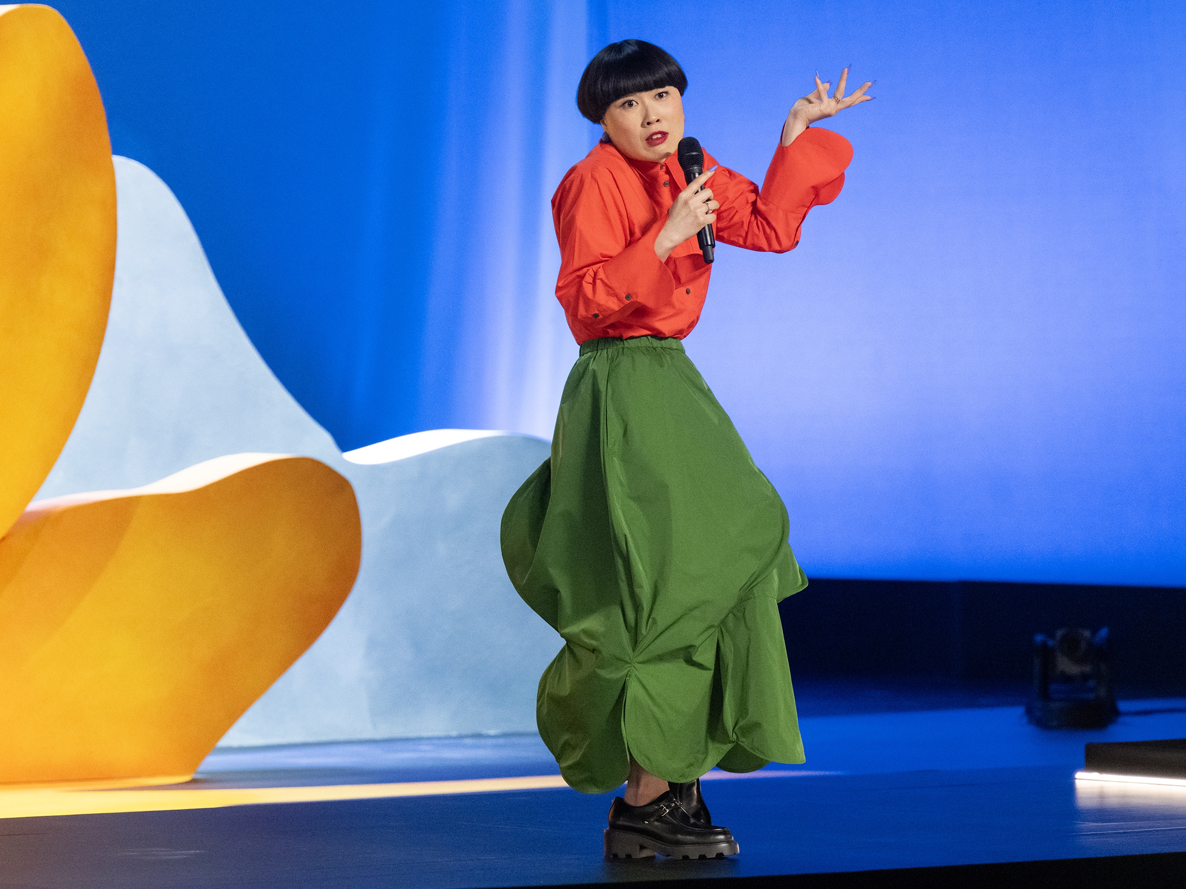 caption: "I love looking like an art gallery owner," Atsuko Okatsuka says of her eye-catching style.