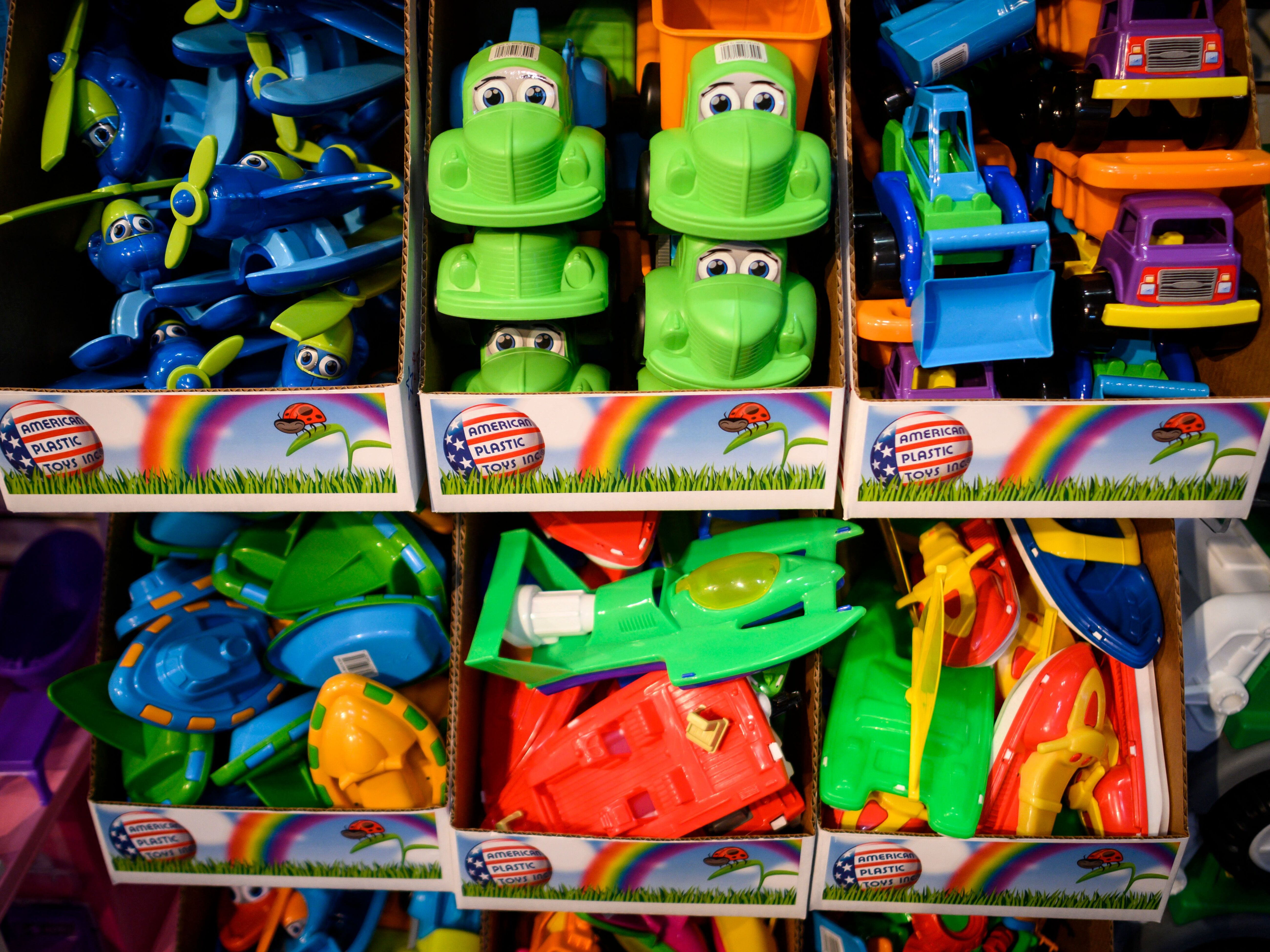 caption: These plastic toys were manufactured in Michigan by American Plastic Toys. But most toys sold in the U.S. are imported and could be subject to tariffs in the incoming Trump administration.