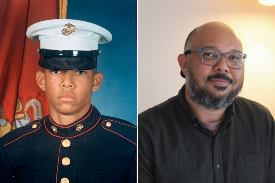 caption: Left: Darren Fisher, age 17, upon his graduation from boot camp in San Diego in December 2000. It's the only remaining photo of him in the Marines. Right: Darren Fisher sits in his Bothell home on July 29, 2023. 
