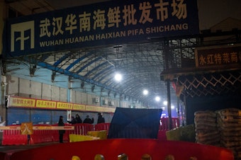 caption: Security guards stand in front of the Huanan Seafood Wholesale Market in Wuhan, China, on Jan. 11, 2020, after the market had been closed following an outbreak of COVID-19 there. Two studies document samples of SARS-CoV-2 from stalls where live animals were sold.