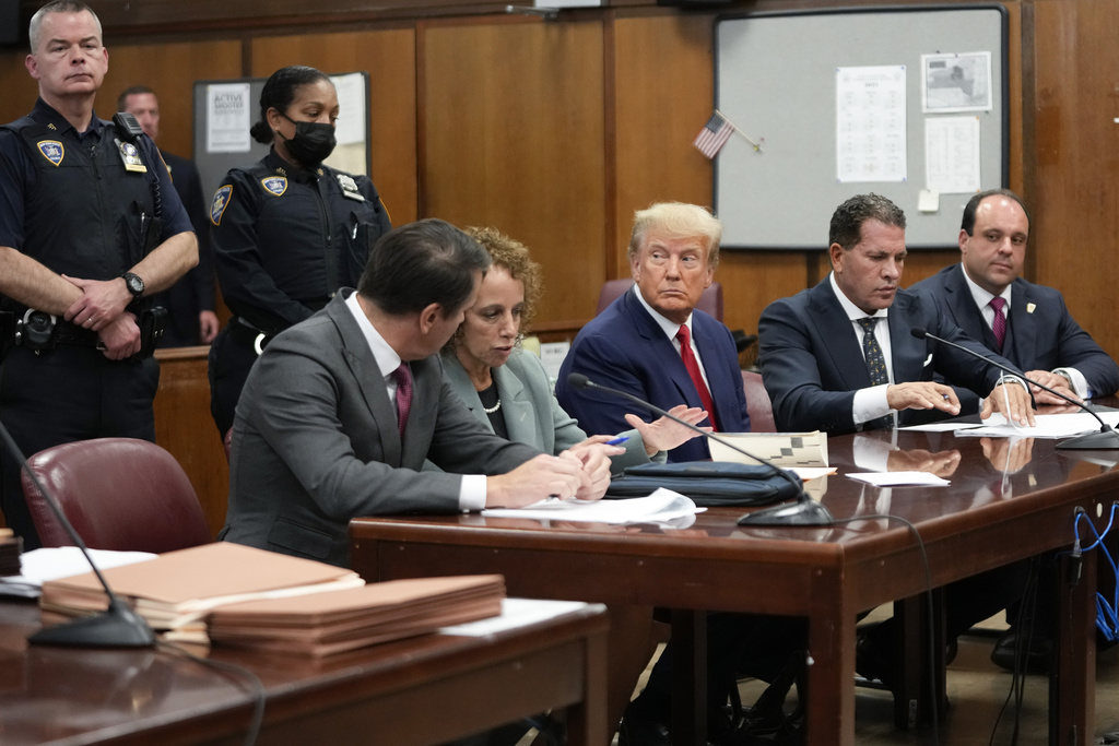 caption: Former President Donald Trump appears in court for his arraignment, Tuesday, April 4, 2023, in New York. Trump surrendered to authorities ahead of his arraignment on criminal charges stemming from a hush money payment to a porn actor during his 2016 campaign. 