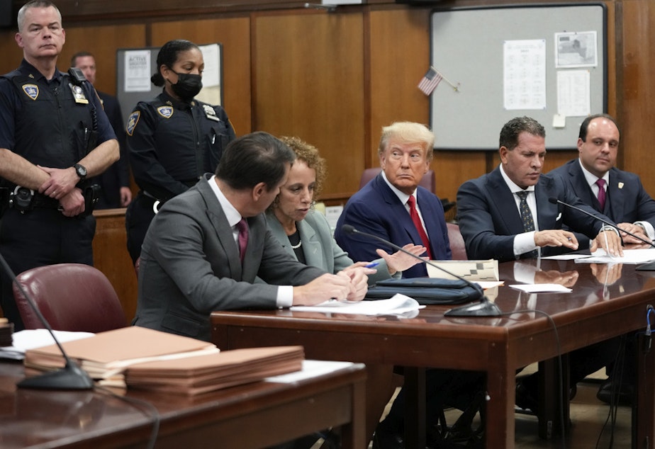 caption: Former President Donald Trump appears in court for his arraignment, Tuesday, April 4, 2023, in New York. Trump surrendered to authorities ahead of his arraignment on criminal charges stemming from a hush money payment to a porn actor during his 2016 campaign. 