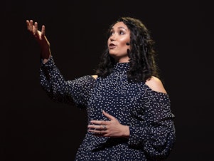 Sarah Kay speaks at TED2019: Bigger Than Us. April 15 - 19, 2019, Vancouver, BC, Canada. Photo: Bret Hartman / TED
