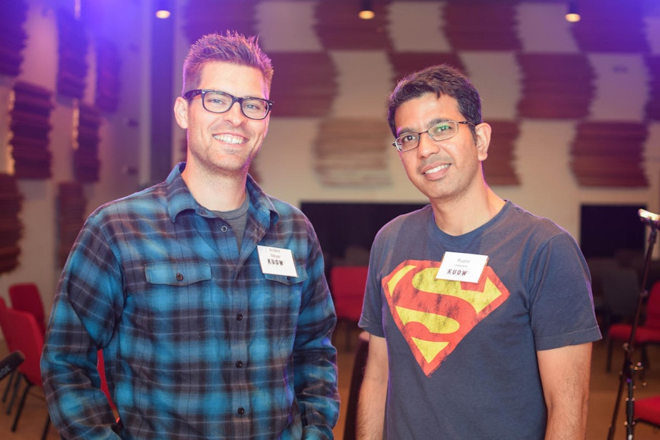 caption: Anders and Ruchir at KUOW's Ask an Immigrant event
