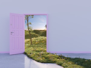3D rendering of a whimsical scene that depicts a purple door in an empty room opening to a lush landscape of rolling hills and wildflowers, the green grass spills into the room, creating a carpet.