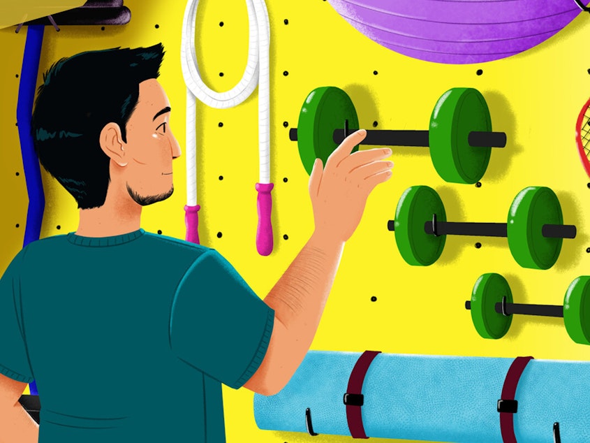 Illustration of a person standing in front of a pegboard of home exercise equipment including hand weights, a tennis racket, a jump-rope, baseballs and a mat.