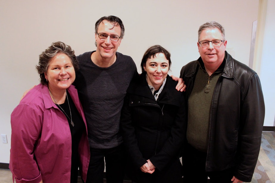 caption: Host Bill Radke (second from left) with today's guests Tina Podlodowski, Erica C. Barnett and Chris Vance