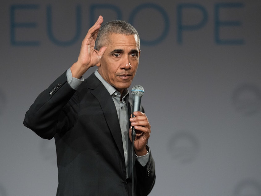 caption: Former President Barack Obama <a href="https://twitter.com/BarackObama/status/1158453079035002881">tweeted</a> Monday that Americans should reject language of "fear and hatred" from U.S. leaders. Above, he is pictured at a conference in Berlin in April.