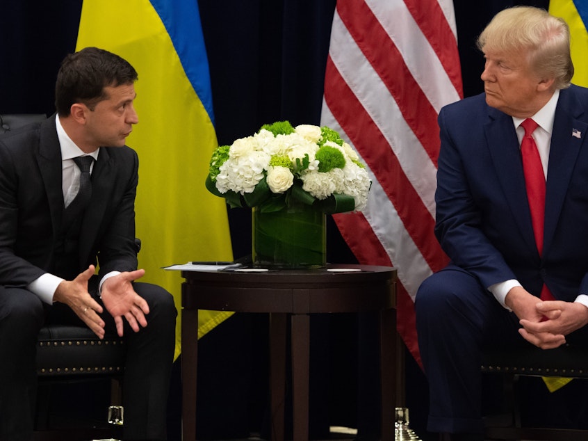 caption: President Trump and Ukrainian President Volodymyr Zelenskiy speak during a meeting in New York on Wednesday, on the sidelines of the U.N. General Assembly in New York City.