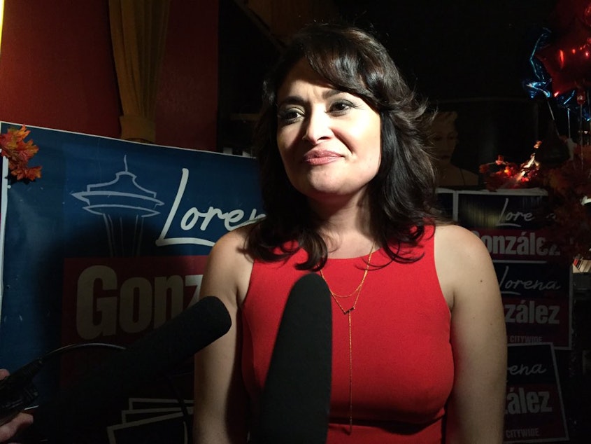 caption: Lorena Gonzalez at her election night party on Nov. 3, 2015, in Seattle.