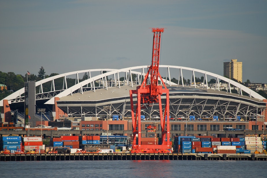 caption: Port of Seattle with Century Link stadium behind.