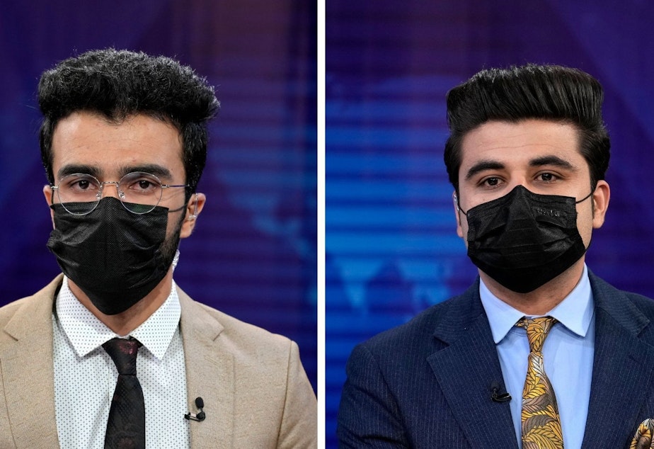 caption: A composite photo shows TV anchors Hamed Bahram (left) and Nesar Nabil wearing face masks while reading the news on TOLOnews, in Kabul, Afghanistan, on Sunday.