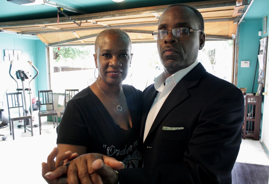 caption: Anna Ponder teaches a dance called stepping at the Steppers Unite Dance Studio - built in her garage. Ponder dances here with her student, Askia Heru.