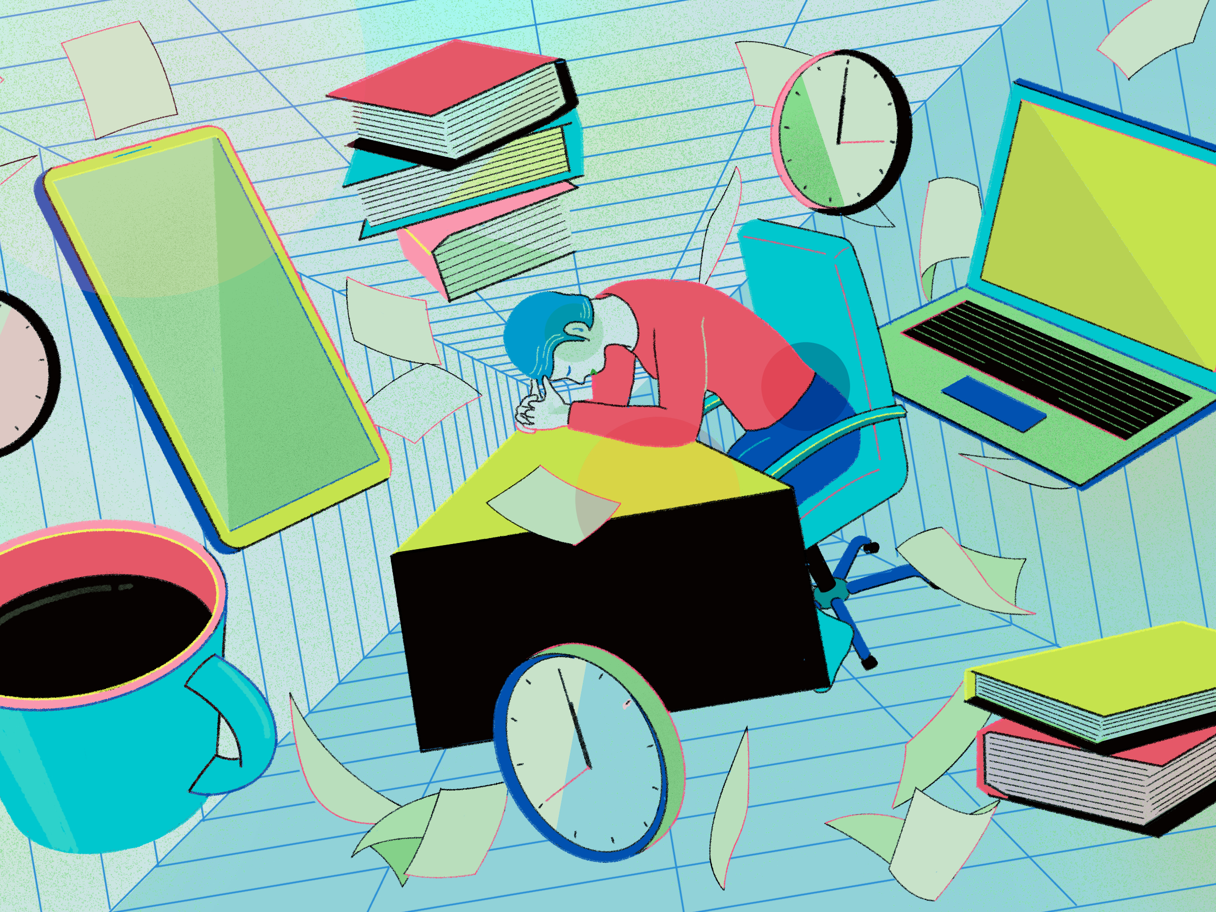 Illustration of a person hunched over their desk unable to focus or be productive. They are surrounded by clocks, books, computers and mugs of coffee swirling around them topsy turvy.