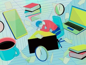 Illustration of a person hunched over their desk unable to focus or be productive. They are surrounded by clocks, books, computers and mugs of coffee swirling around them topsy turvy.