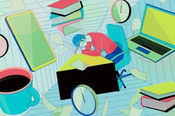 Illustration of a person hunched over their desk unable to focus or be productive. They are surrounded by clocks, books, computers and mugs of coffee swirling around them topsy turvy.