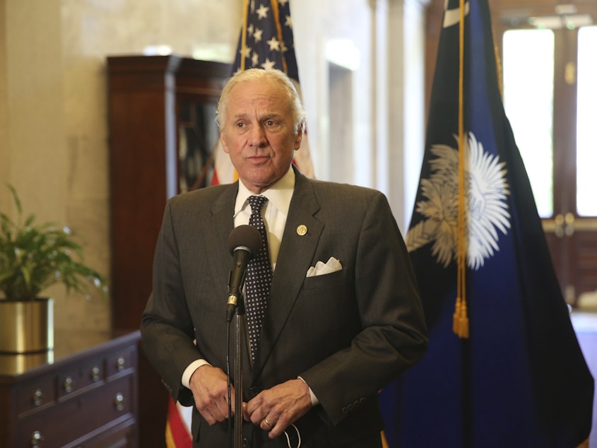 caption: South Carolina Gov. Henry McMaster speaks to reporters at a news conference on April 13. McMaster issued a new mandate on Tuesday banning mask mandates and vaccine passports.
