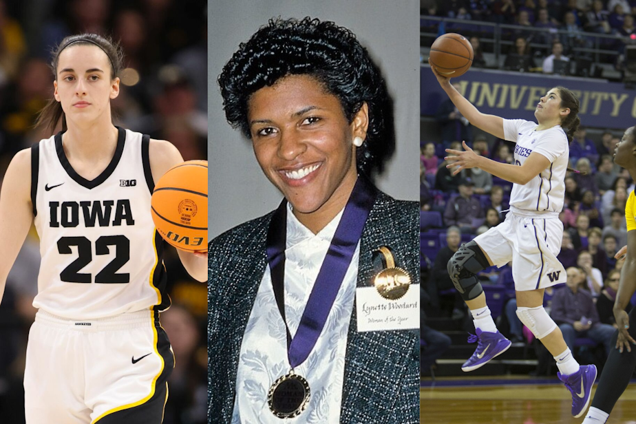 caption: Left to right: Record-breaking college basketball stars Caitlin Clark, Lynette Woodard, and Kelsey Plum