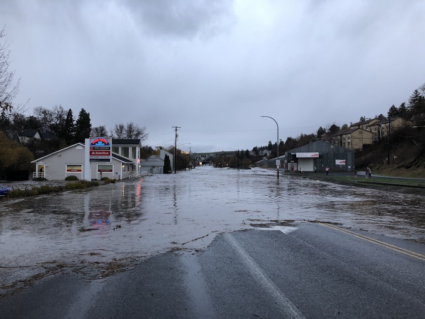 caption: Flooding in Pullman closed Grand Avenue/SR 27 at Stadium Way, Tuesday, April 9, 2019. CREDIT: Matt Haugen/WSU News