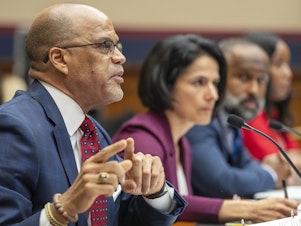 caption: David Banks, chancellor of New York City Public Schools, testified at a House Education Committee hearing on antisemitism on Wednesday. He was joined by Karla Silvestre, president of the Montgomery County Board of Education in Maryland, Emerson Sykes, staff attorney with the ACLU, and Enikia Ford Morthel, superintendent of the Berkeley Unified School District in California.