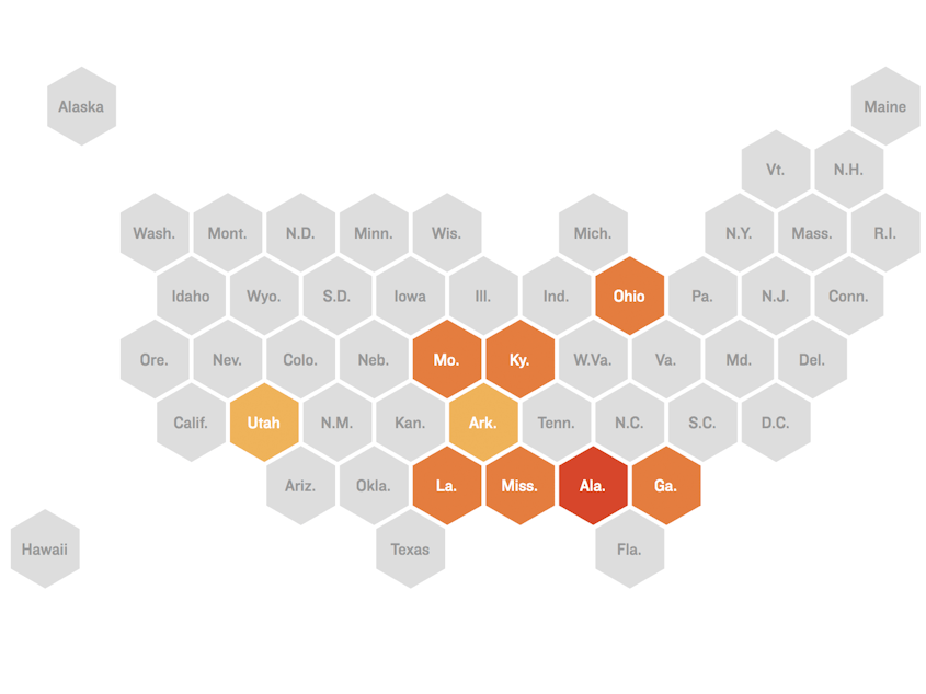 Map showing states (Alabama, Arkansas, Georgia, Louisiana, Mississippi, Missouri, Ohio, Utah) that have passed new laws in 2019 to tighten restrictions on abortion.