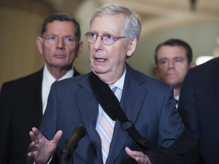 caption: Senate Majority Leader Mitch McConnell and other senators received a message from business leaders Thursday, urging them to take action on gun violence in the U.S.