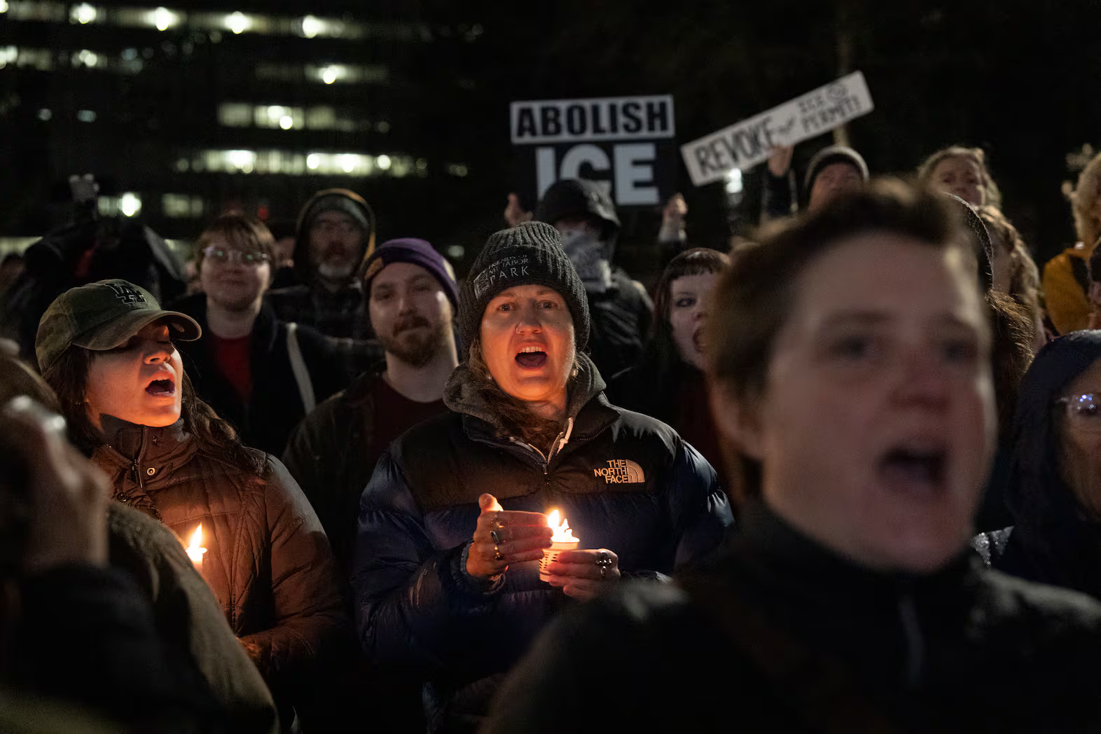 caption: A few hundred people protest outside of Portland City Hall, Jan. 8, 2026, in response to the shooting of two people by a U.S. Customs and Border Protection agent in East Portland earlier in the day.