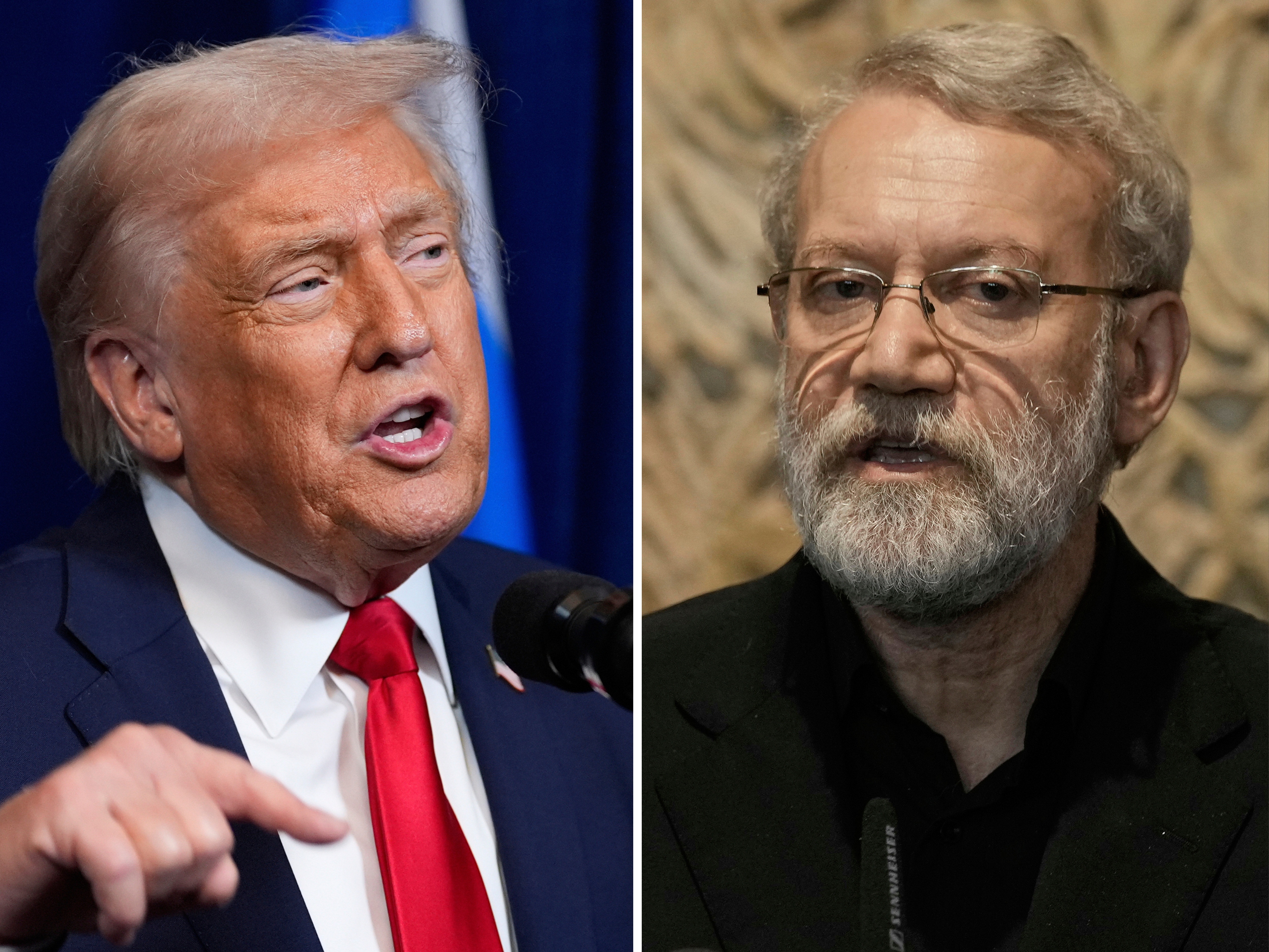 caption: Side-by-side photos show President Trump at Mar-a-Lago, in Palm Beach, Fla.. on Dec. 29, and Iranian Secretary of Supreme National Security Council Ali Larijani in Beirut, Aug. 13, 2025.