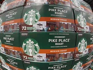 caption: A display of Starbucks coffee pods at a Costco Warehouse in Pennsylvania. A recent article says using coffee pods might be better for the climate, but the science is far from settled. (AP Photo/Gene J. Puskar)