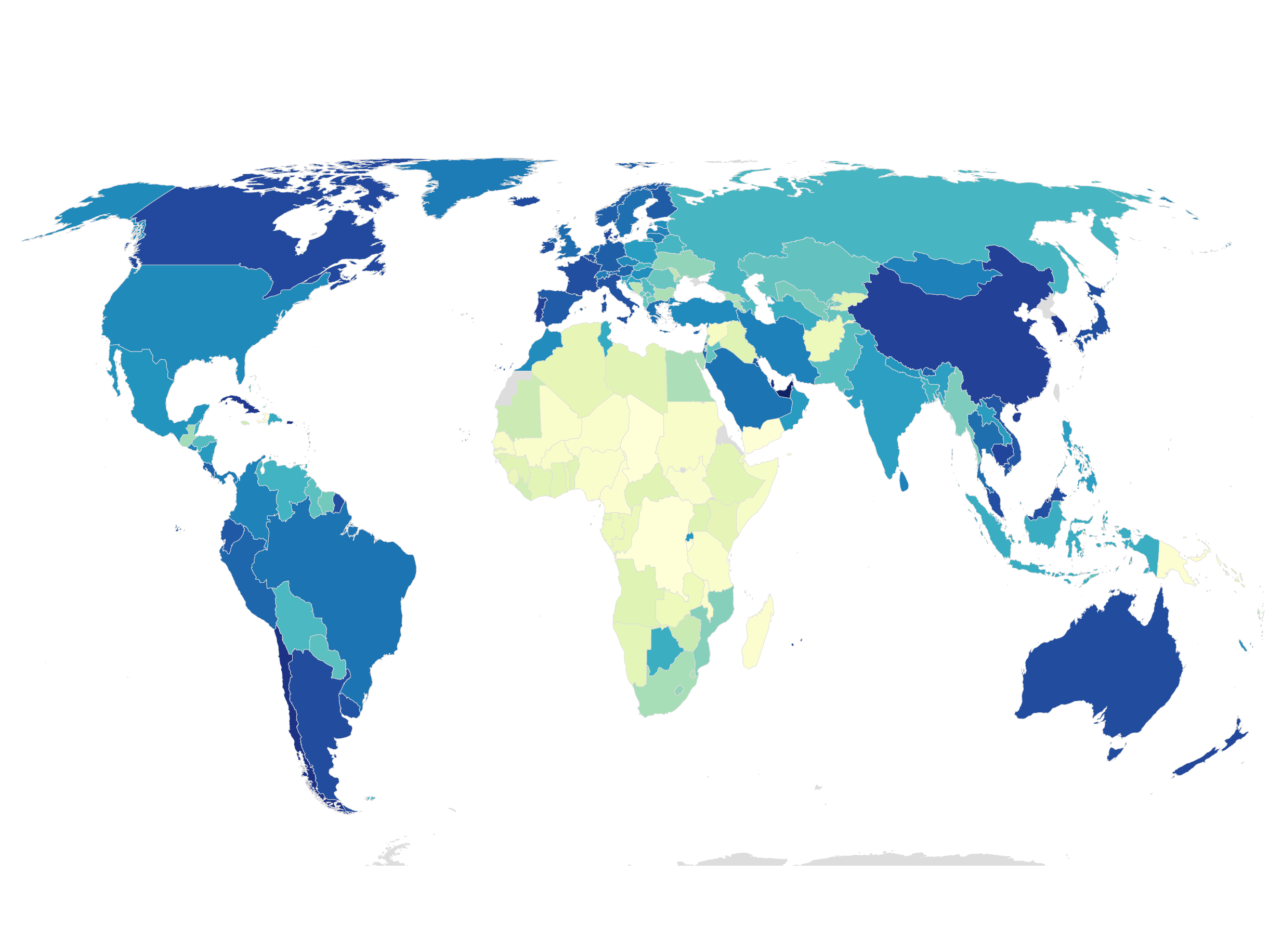 A world map showing the percentage of people in each country that are fully vaccinated against covid-19.