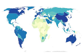 A world map showing the percentage of people in each country that are fully vaccinated against covid-19.