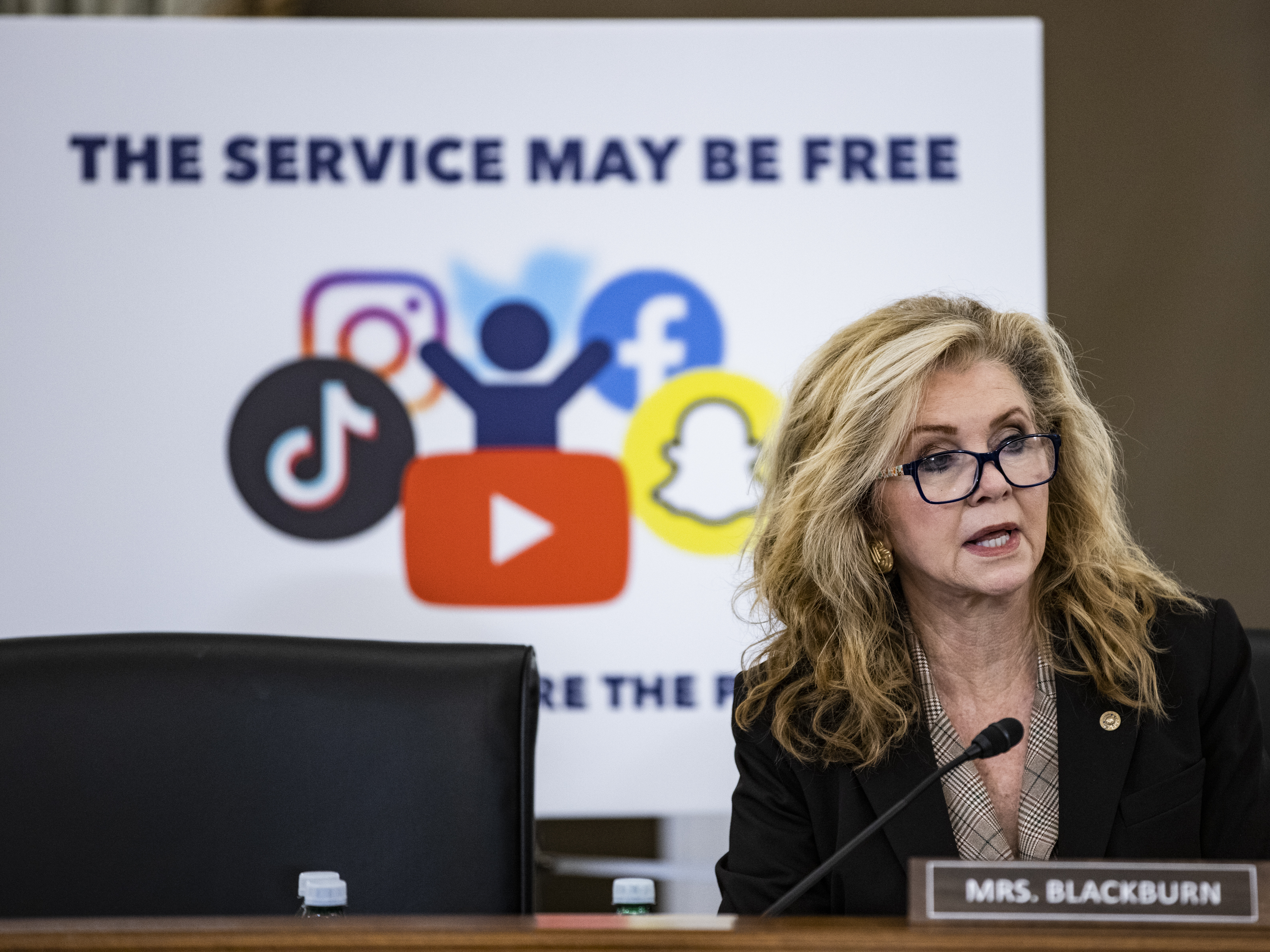 caption: Ranking member Sen. Marsha Blackburn, R-Tenn., speaks during a Senate Subcommittee on Consumer Protection, Product Safety, and Data Security hearing about online child safety in October.